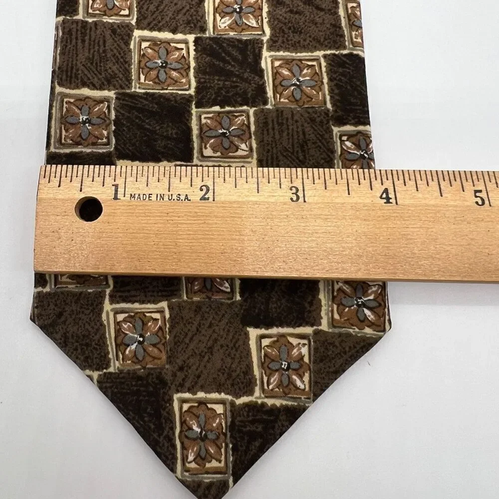 Pierre Cardin All Silk Tie Brown Blue Floral Check Pattern Made in USA